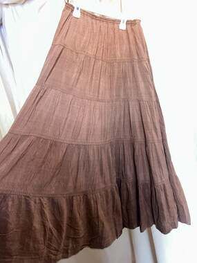 Vintage Leslie Looney for Passports Brown 100% Silk Tiered Maxi Skirt